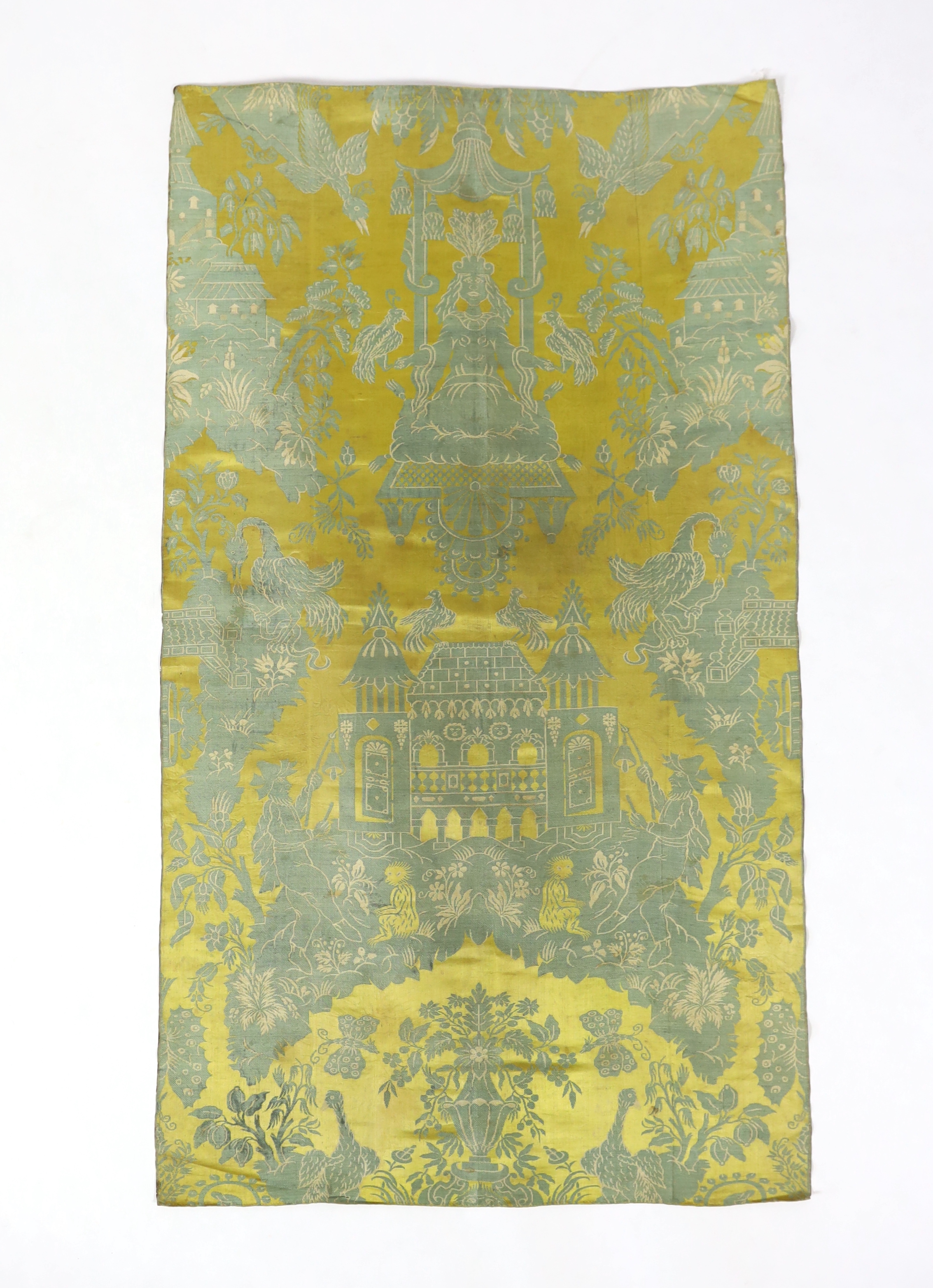 A large 19th century chinoiserie silk two colour damask panel, possibly Lyon, with large repeat, woven in turquoise on gold silk, with cream outlines, 130cm long, 74cm wide